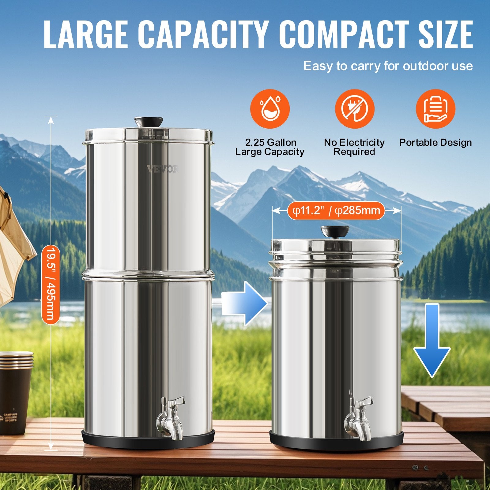 2.25G Gravity-Fed Countertop Water Filter System | Stainless Steel with 2 Coconut Carbon Filters