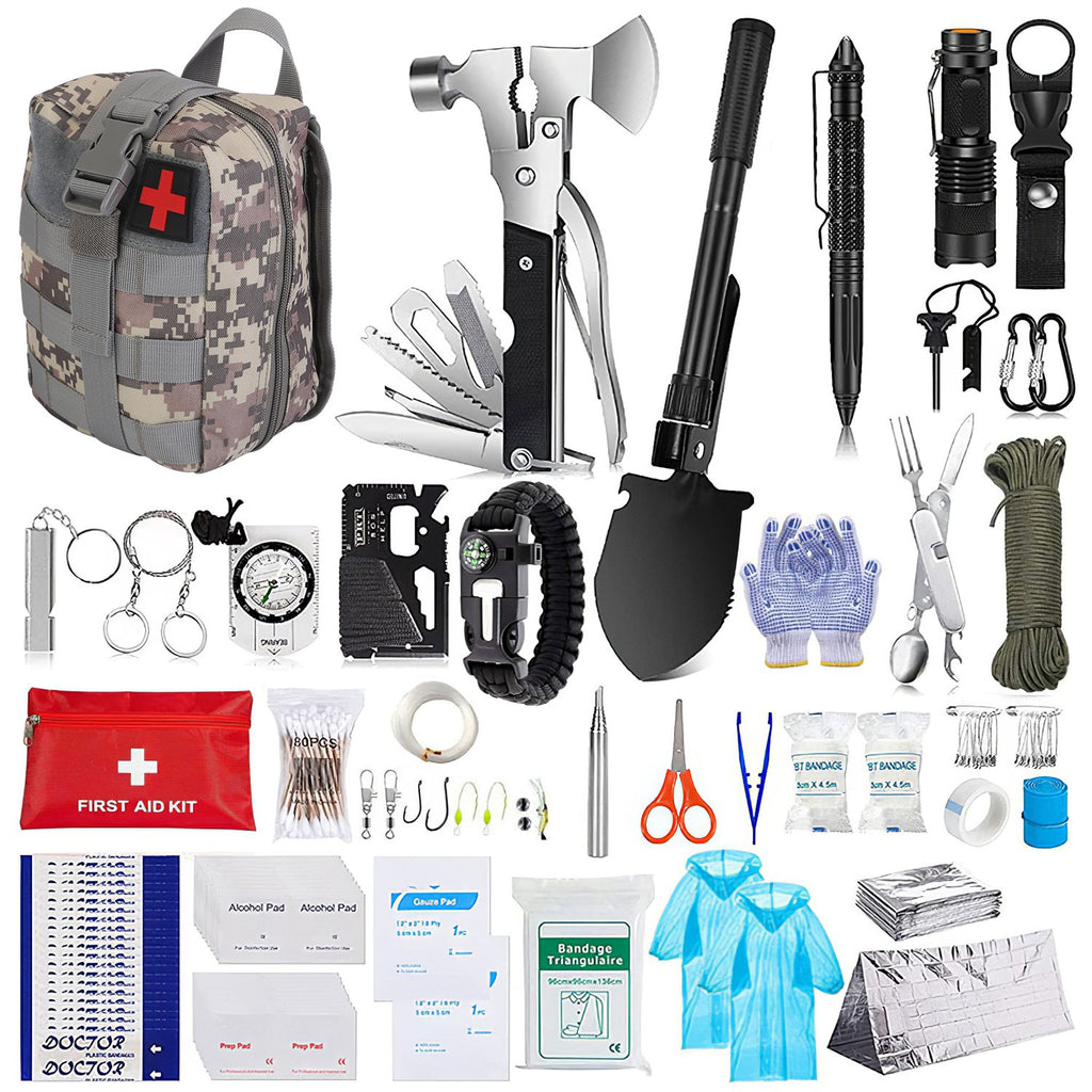 125-Piece Tactical Survival Kit | 100-Piece First Aid, Axe, Shovel, Emergency Shelter & Survival Bracelet Included