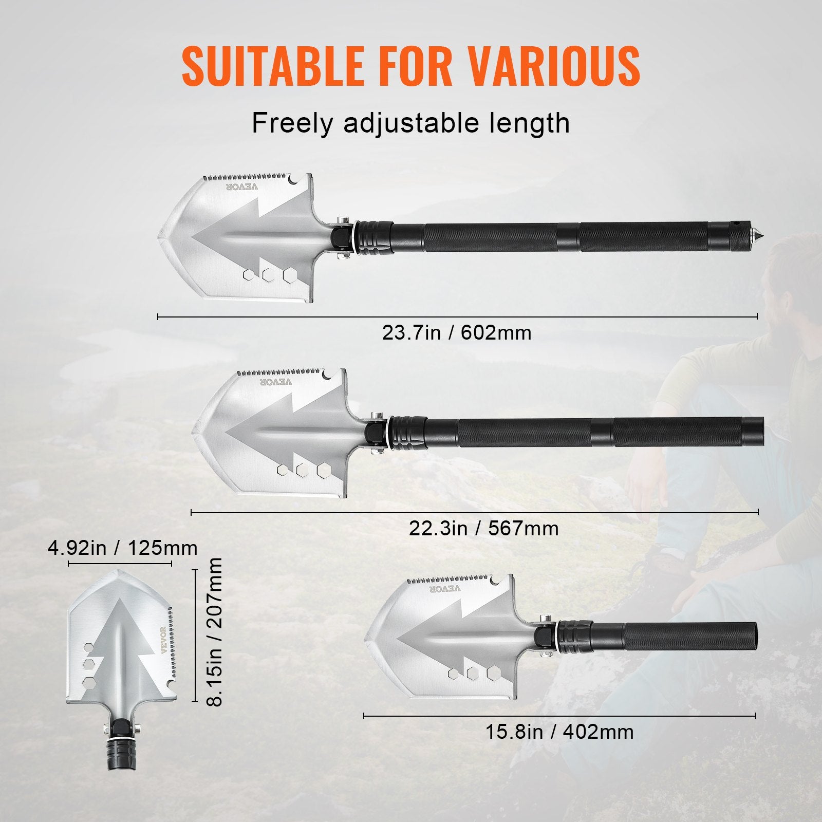 8-in-1 Military Folding Survival Shovel | 30Cr13 Steel, Knife, Compass, Fire Starter, Glass Breaker & Extension Rods