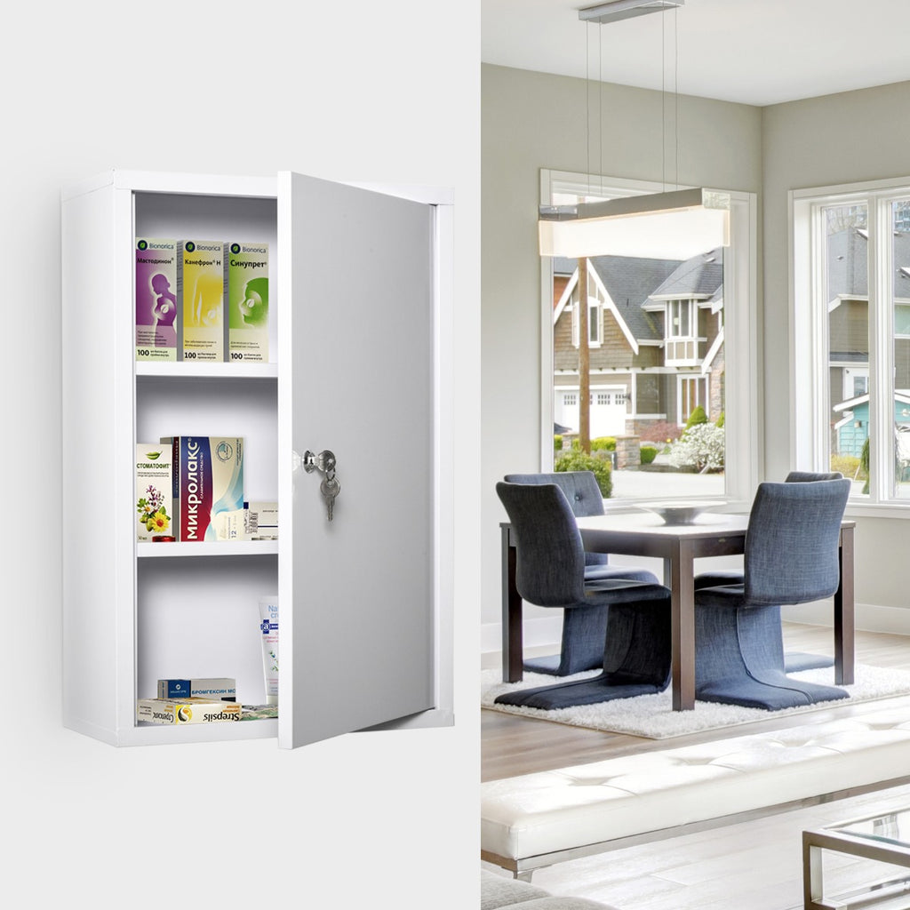 Lockable Steel Wall-Mount Medicine Cabinet | 3-Tier, Water-Resistant, 2 Keys, 11 lb Capacity for Bathroom & Emergency Storage