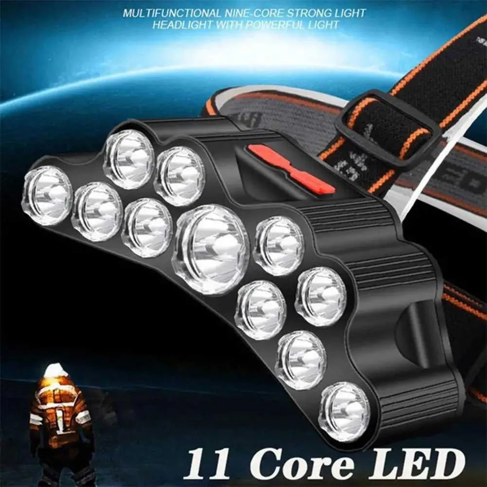 11-LED USB Rechargeable Headlamp | 6-Hour Runtime, 4 Modes, Built-in 18650 Battery for Camping & Fishing