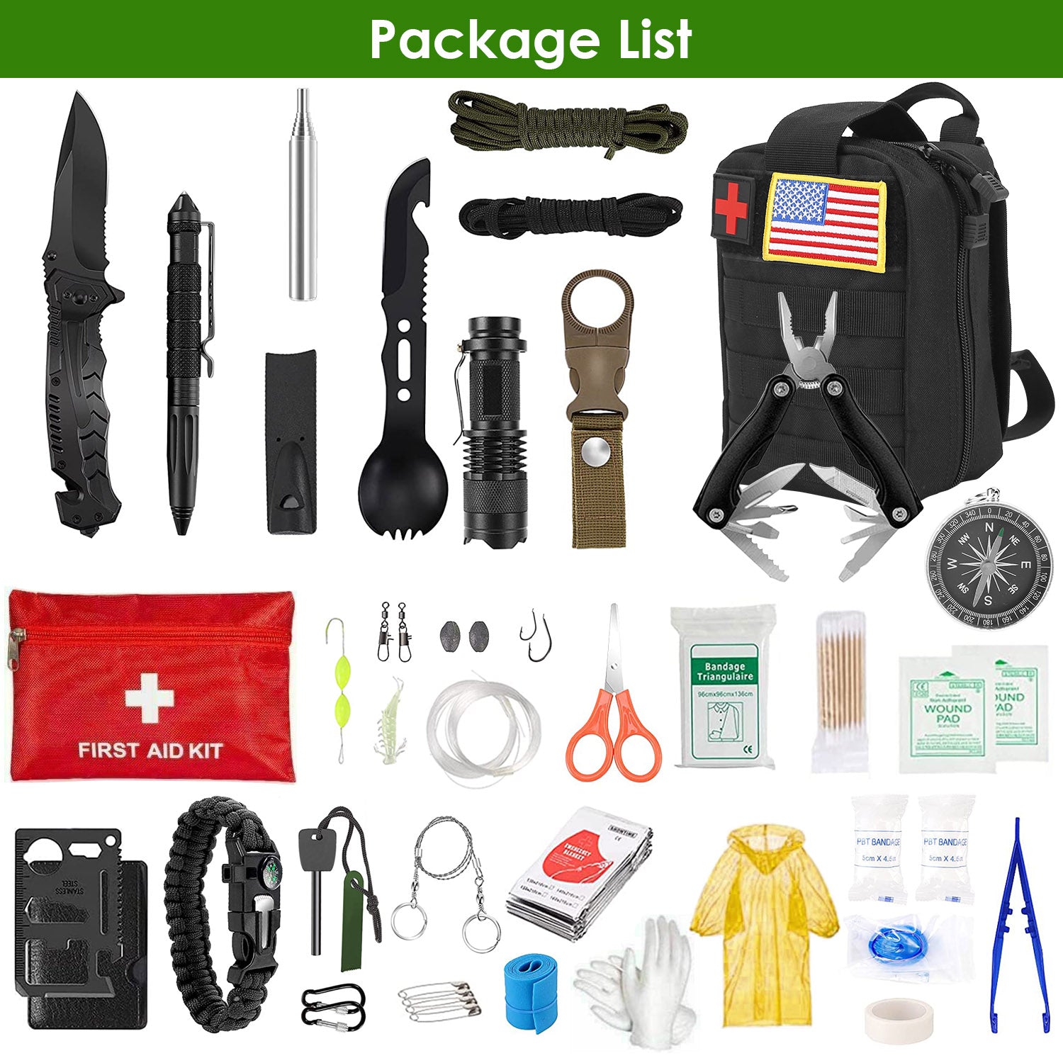 47-Piece Emergency Survival Kit | CPR Mask, Fishing Gear, Military Knife, Compass & First Aid in 600D Oxford Bag
