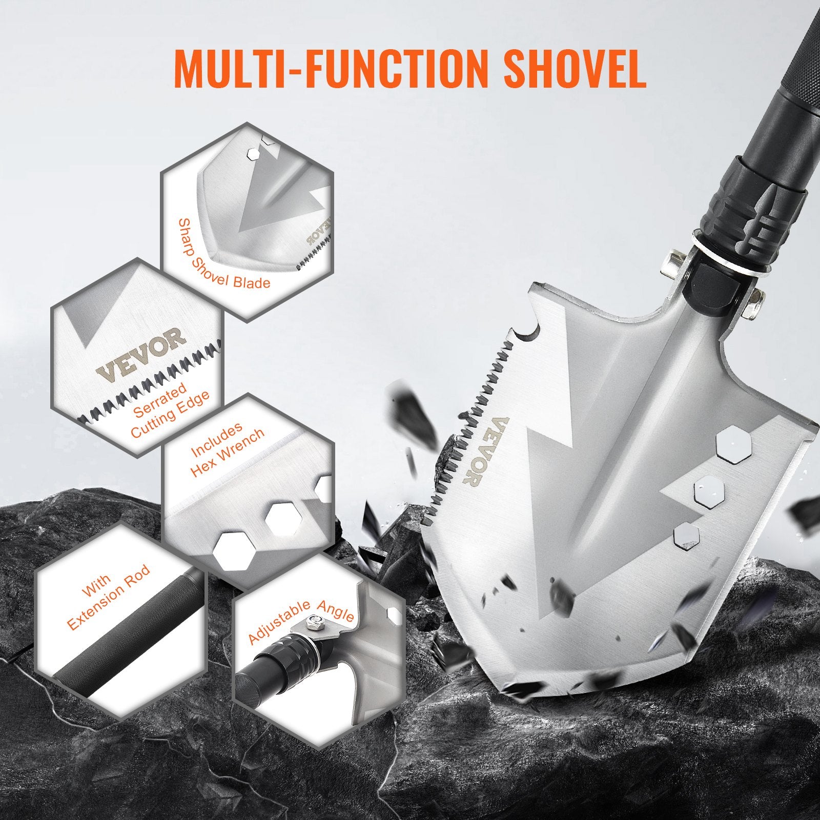 8-in-1 Military Folding Survival Shovel | 30Cr13 Steel, Knife, Compass, Fire Starter, Glass Breaker & Extension Rods