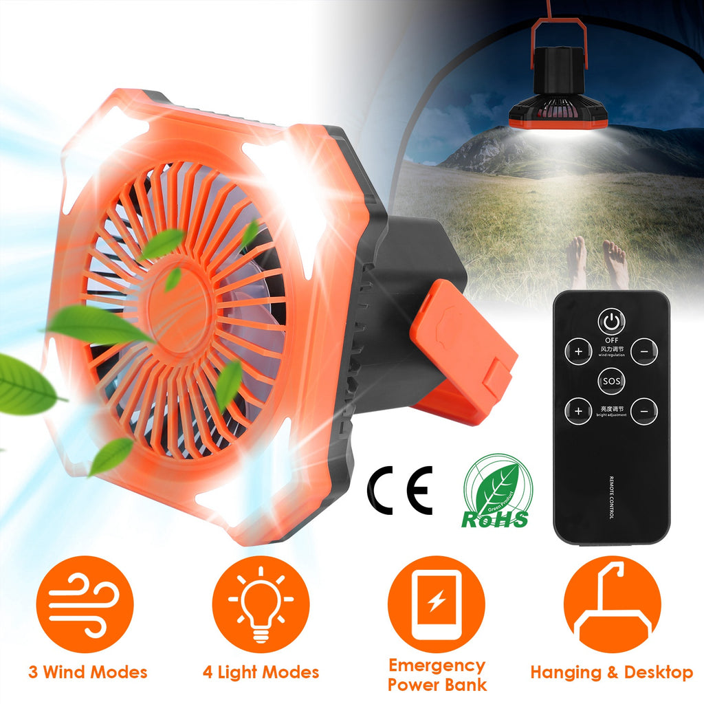 3-in-1 Camping Lantern Fan | 10,000mAh Power Bank, Remote Control, 4 Light Modes & SOS for Camping & Emergencies