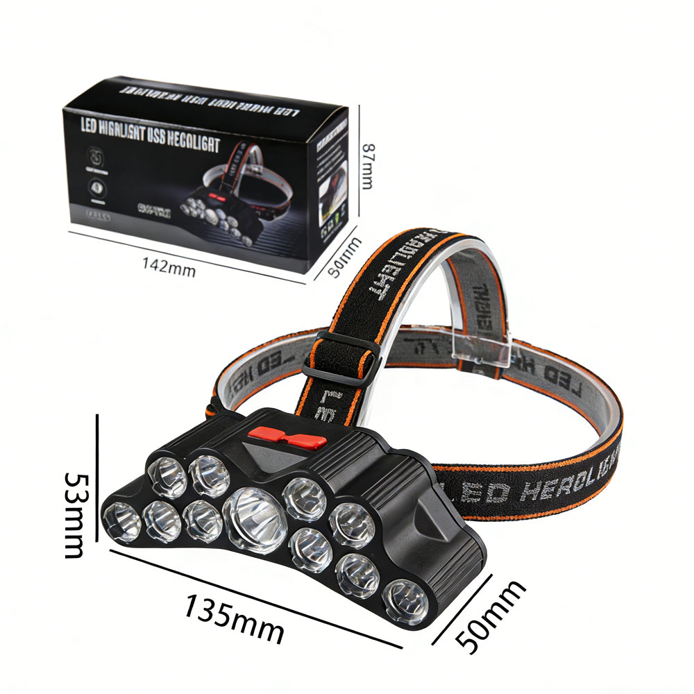 11-LED USB Rechargeable Headlamp | 6-Hour Runtime, 4 Modes, Built-in 18650 Battery for Camping & Fishing