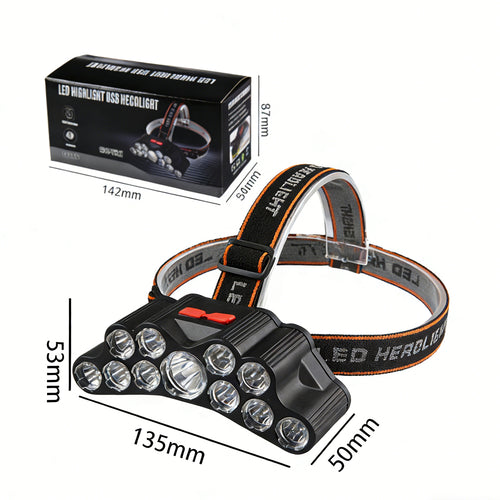 11-LED USB Rechargeable Headlamp | 6-Hour Runtime, 4 Modes, Built-in 18650 Battery for Camping & Fishing