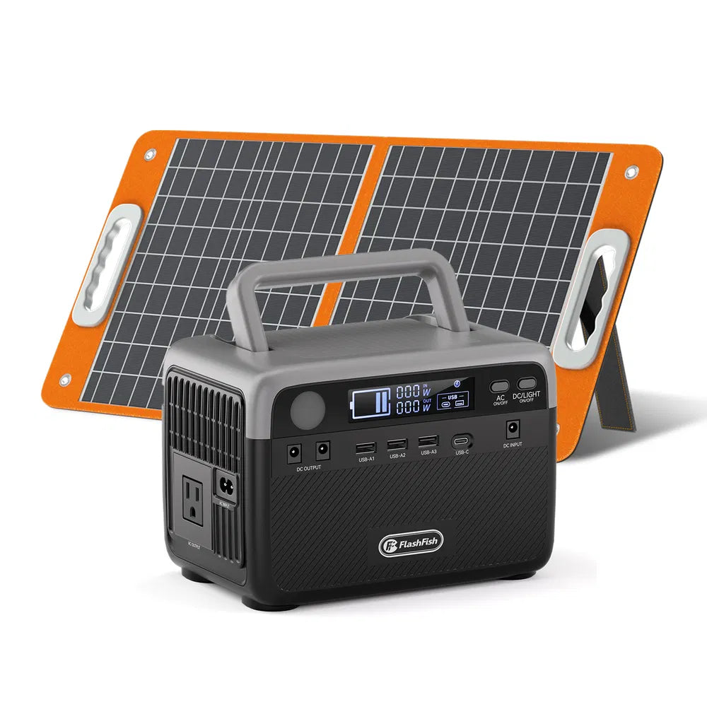 Flashfish 300W Solar Generator Bundle | 60W Solar Panel Included, 230.4Wh LiFePO4, Peak 600W, AC Outlets for Hurricane & Off-Grid Power