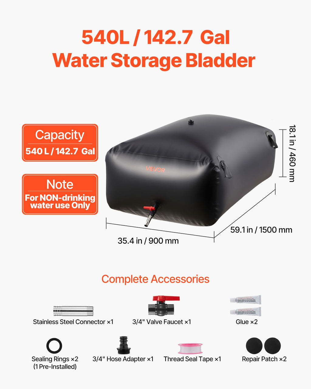 142.7 Gallon Emergency Water Storage Bladder | 1000D PVC, Collapsible, Leak-Proof Tank for RV, Camping & Disaster Prep